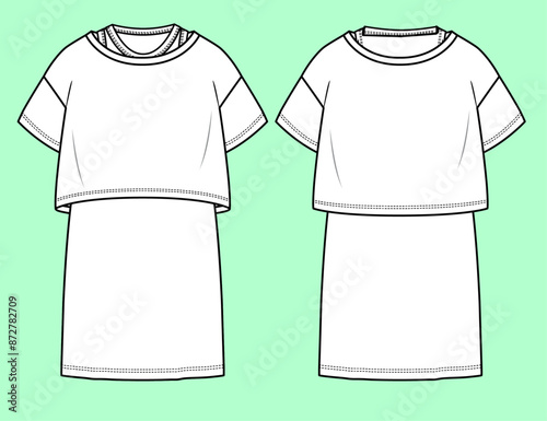 Teen girls tee with long dress flat sketch vector.  