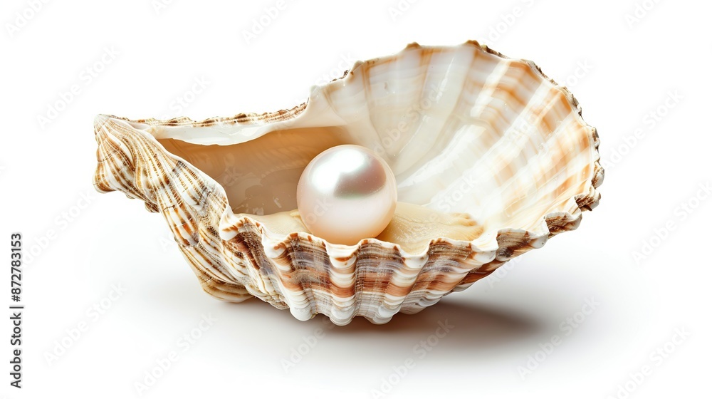 Open seashell with a beautiful pearl inside isolated on white background Open seashell with a beautiful pearl inside isolated on white background