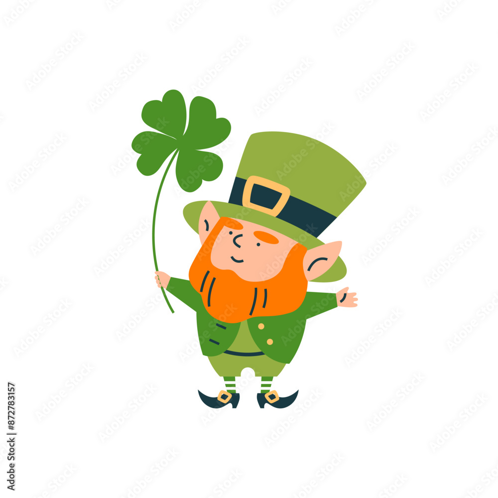 Cute leprechaun holding clover leaf, cartoon lucky elf dwarf bearded small man, vector St. Patrick's day Irish gnome Cute leprechaun holding clover leaf, cartoon lucky elf dwarf bearded small man, vector St. Patrick's day Irish gnome