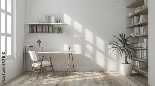 Minimalist Home Office with Wooden Desk and Bookshelves