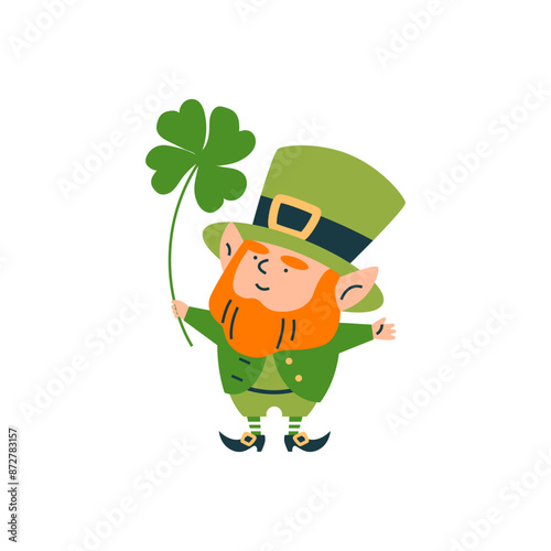 Cute leprechaun holding clover leaf, cartoon lucky elf dwarf bearded small man, vector St. Patrick's day Irish gnome