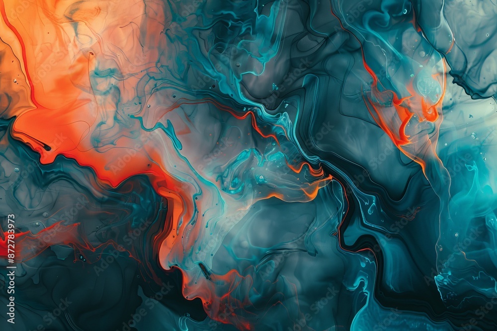 Obraz premium An abstract artwork featuring swirling hues of teal, orange, and blue, creating a dynamic visual experience that captures movement, fluidity, and the essence of modern expression.