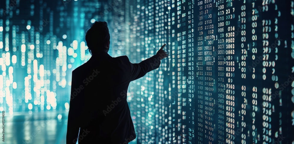 Silhouette of Man Interacting With Digital Data Wall Silhouette of Man Interacting With Digital Data Wall