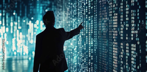 Silhouette of Man Interacting With Digital Data Wall