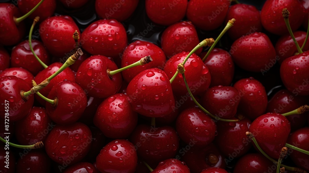 Cherries beauty texture. A close-up view of fresh, red cherries with water droplets on them. The cherries are tightly packed together, showcasing their vibrant color and juicy texture. Cherries beauty texture. A close-up view of fresh, red cherries with water droplets on them. The cherries are tightly packed together, showcasing their vibrant color and juicy texture.