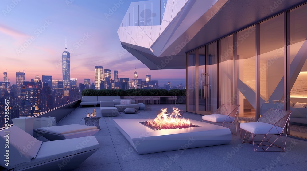 Naklejka premium A minimalist terrace lounge with a sleek fire pit, geometric furniture, and a view of the city skyline at twilight.