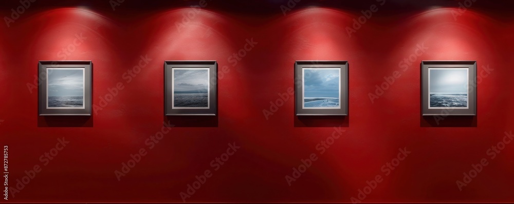 Four frames on a deep red wall, arranged symmetrically, each highlighted by a spotlight, creating a bold and sophisticated display in Four frames on a deep red wall, arranged symmetrically, each highlighted by a spotlight, creating a bold and sophisticated display in