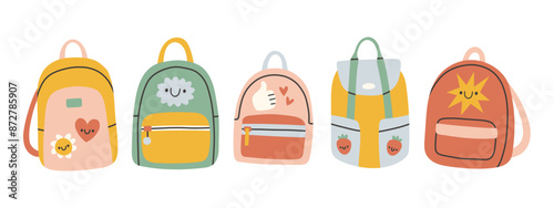 School backpacks and schoolbags set. Collection of various kids bags isolated on white. Different shapes. 
