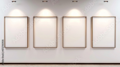 Four frames on a classic white wall, arranged symmetrically, each highlighted by a spotlight, creating a timeless and elegant display in