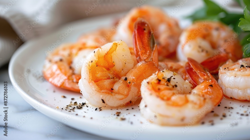 Cooked shrimp tails on a white plate Cooked shrimp tails on a white plate