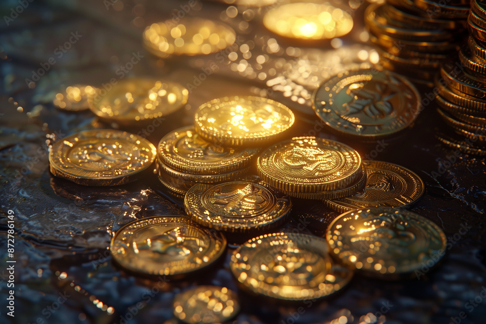 gold and silver coins stacked on the table. could also be crypto like bitcoin or ethereum. gold and silver coins stacked on the table. could also be crypto like bitcoin or ethereum.