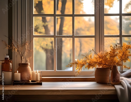 autumn yellow flowers in glass vase on window sill © LL