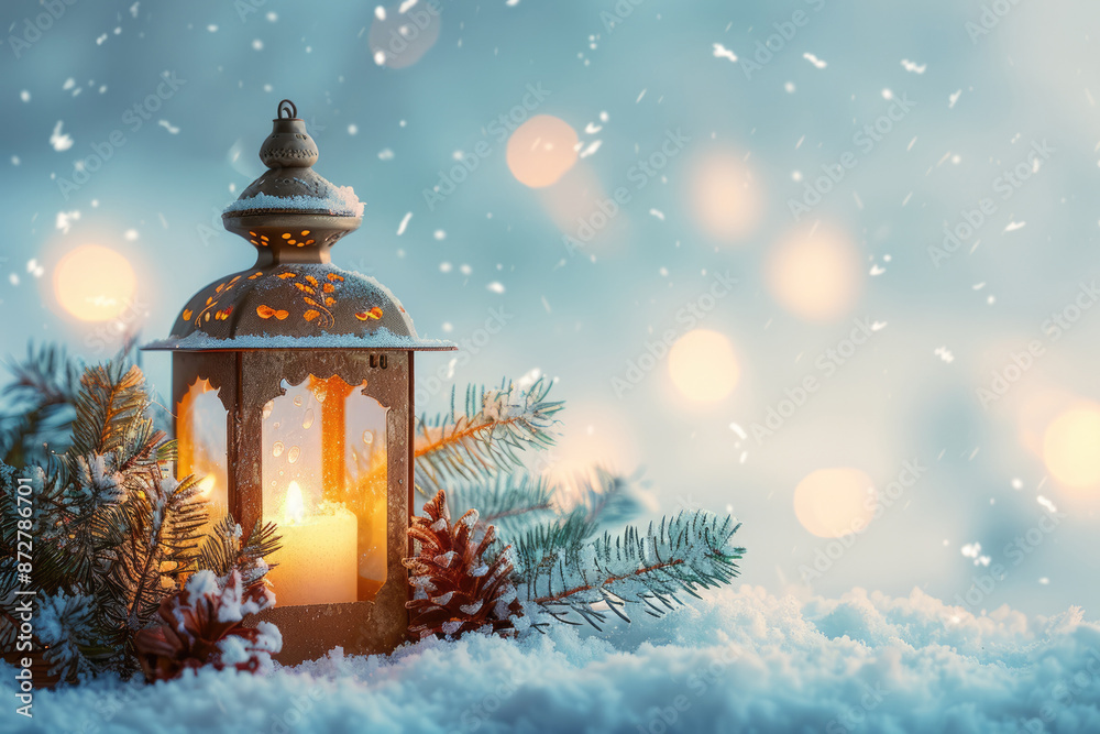 In the snow at night, a kerosene lamp In the snow at night, a kerosene lamp