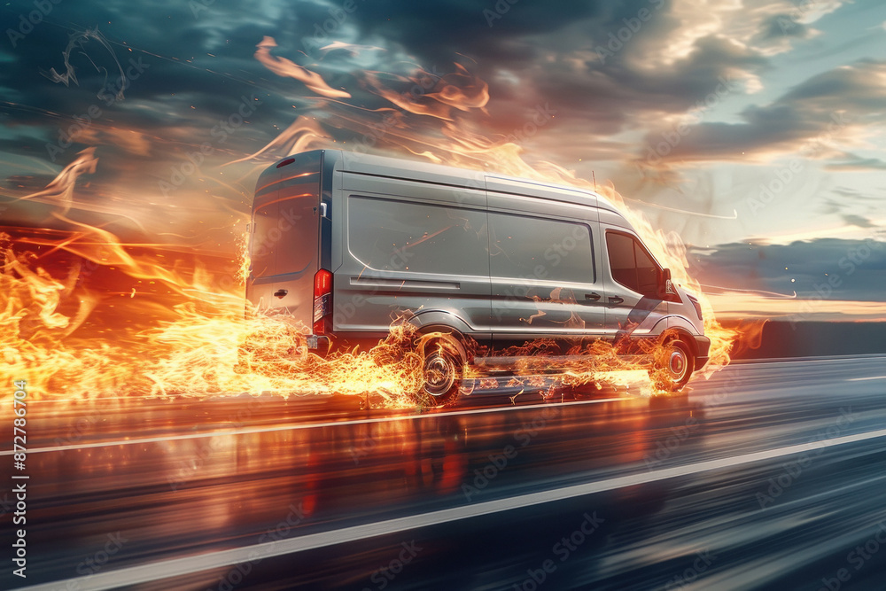 Super fast delivery package service, van with wheels on fire on road Super fast delivery package service, van with wheels on fire on road