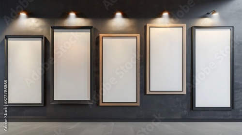 Five mismatched frames on a charcoal grey wall, with spotlights casting a warm glow, creating a modern art display in