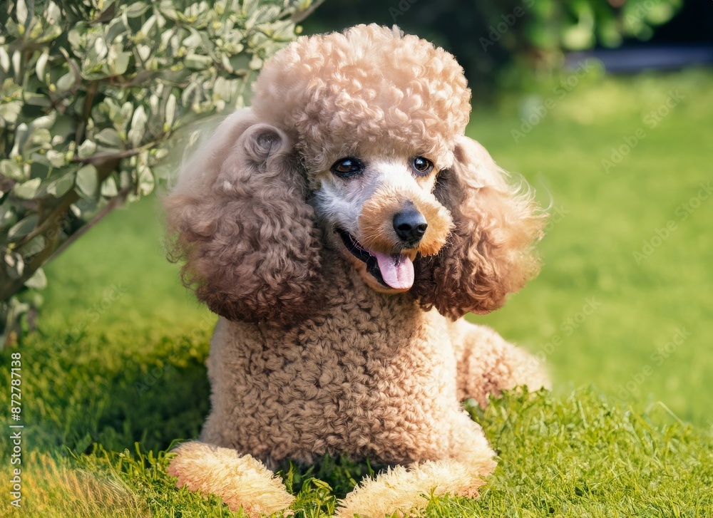 The small brown Poodle, a companion dog breed, is standing in the grass with its tongue hanging out, showing its playful nature as a lively water dog The small brown Poodle, a companion dog breed, is standing in the grass with its tongue hanging out, showing its playful nature as a lively water dog