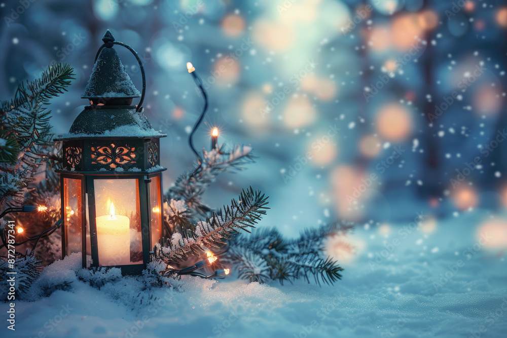 In the snow at night, a kerosene lamp In the snow at night, a kerosene lamp