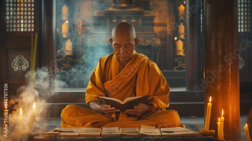 Buddhist monk reading sacred texts in a tranquil temple illuminated by candles. Meditation, spirituality, mindfulness, peaceful retreat, religious study, traditional practices, serene environment.