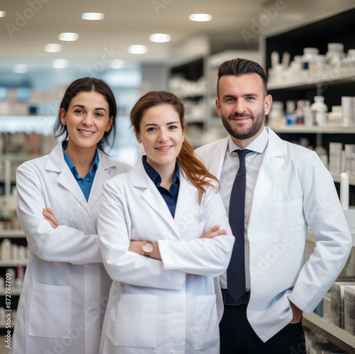 Three Pharmacists Standing United in Service: Together We Stand, Together We Care