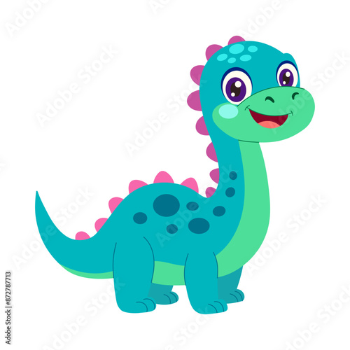 A cartoon dinosaur with a big smile on its face. The dinosaur is blue and green and has pink spots © MariiaMart