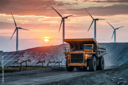 Mine dump truck drive past photovoltaic cell array and wind farm. Sustainable mining, using renewable (green) energy from solar and wind generation photo