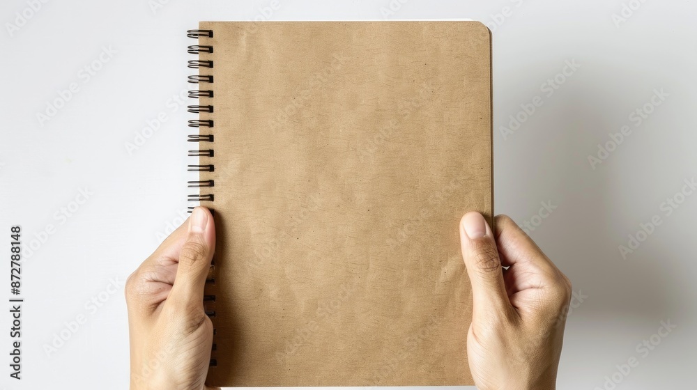 Brown spiral notebook being held against a white backdrop Brown spiral notebook being held against a white backdrop