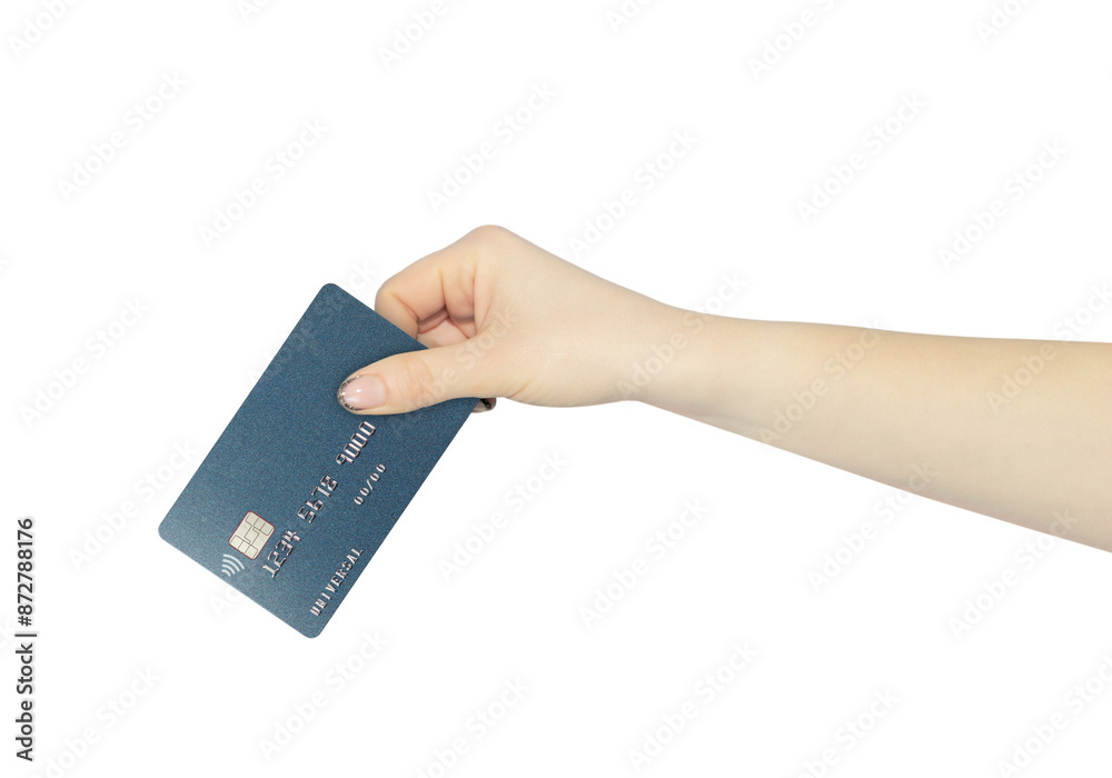 plastic card, credit card with chip in hand, outstretched hand with plastic card isolated from background plastic card, credit card with chip in hand, outstretched hand with plastic card isolated from background