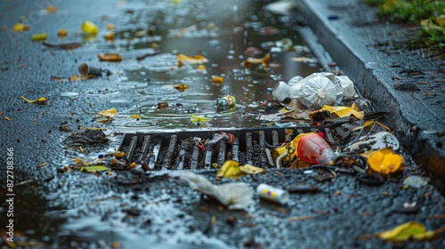 Rubbish Blocking Storm Drain on Rainy Street for Urban Pollution Awareness