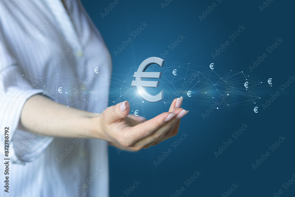 Businesswoman with network and euro symbols . Businesswoman with network and euro symbols .