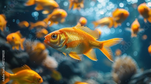 A striking photograph of a single orange fish in sharp focus, swimming amidst a background of blurred, vibrant blue water and other fishes, signifying contrast and beauty. © Vuvimages