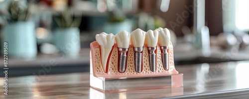 High-resolution image showing dental implant model next to natural teeth for visual comparison