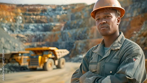 an african egineer dressed in a clean grey and blue worksuit directing trucks of copper at morden looking mine, clean,generative ai photo