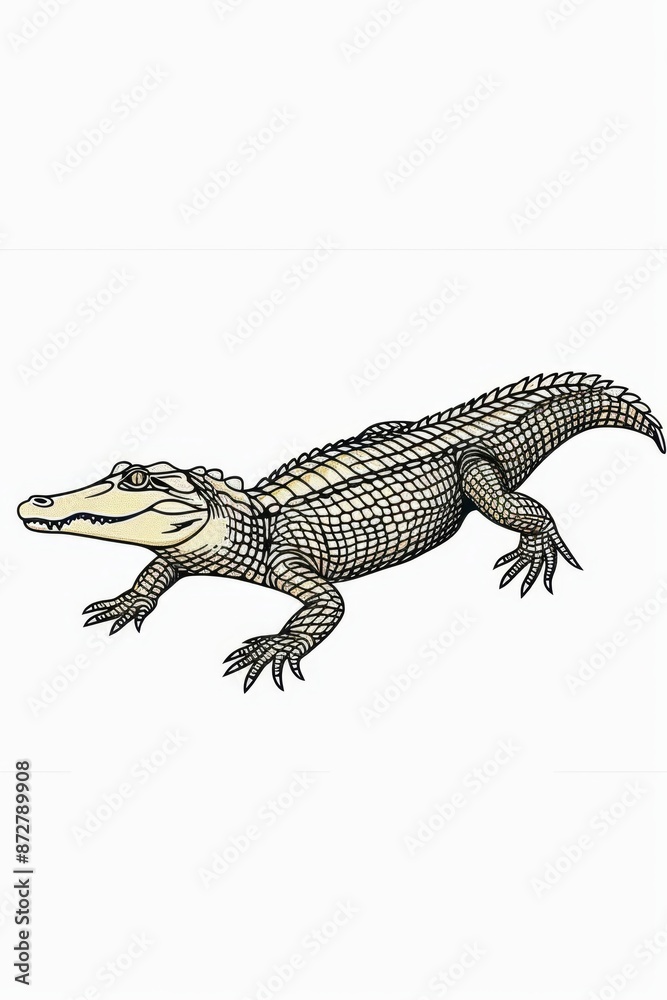 Fototapeta premium A crocodile depicted against a white backdrop, accompanied by a black-and-white line drawing of the same creature, also on a white background
