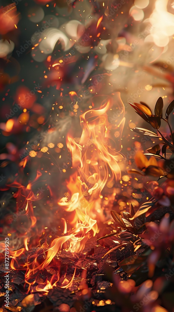 A beautiful and mesmerizing scene of a forest fire with vivid flames and sparks illuminating the surrounding foliage. A beautiful and mesmerizing scene of a forest fire with vivid flames and sparks illuminating the surrounding foliage.