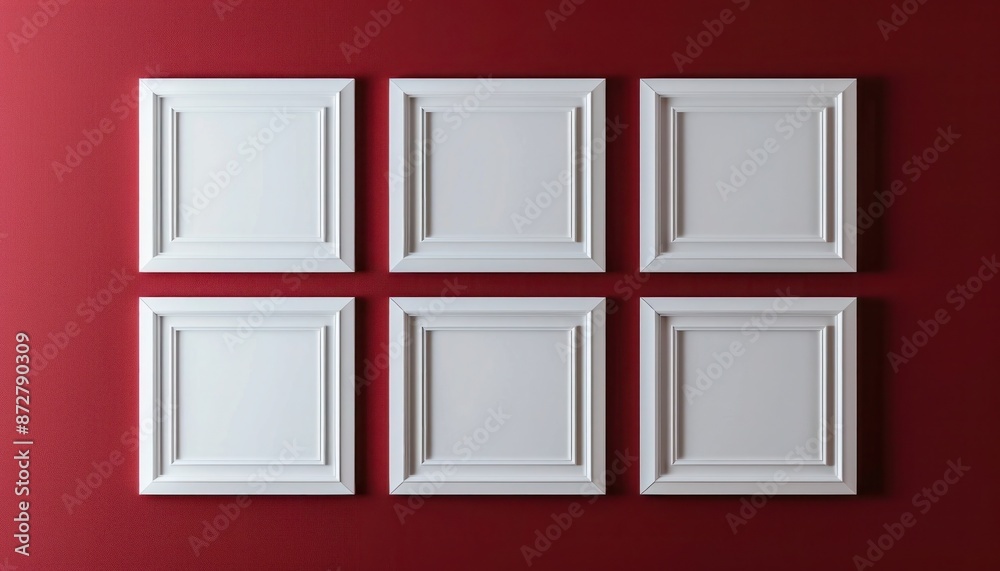 Elegant gallery mockup with white frames on a deep red wall background. Elegant gallery mockup with white frames on a deep red wall background.