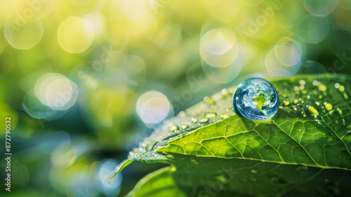 single rain drop on a leaf reflecting the earth. concept for environmental conservation © chang