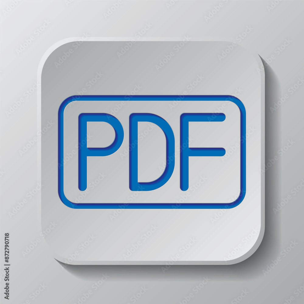PDF simple icon vector. Flat design. Paper cut design. Cutted blue symbol with shadow. Gray badge button, gray background PDF simple icon vector. Flat design. Paper cut design. Cutted blue symbol with shadow. Gray badge button, gray background