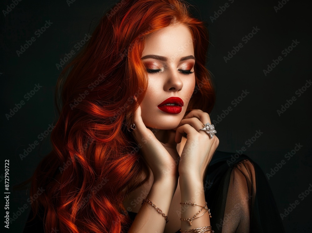 Fototapeta premium Red-haired woman with elegant jewelry and makeup posing with closed eyes