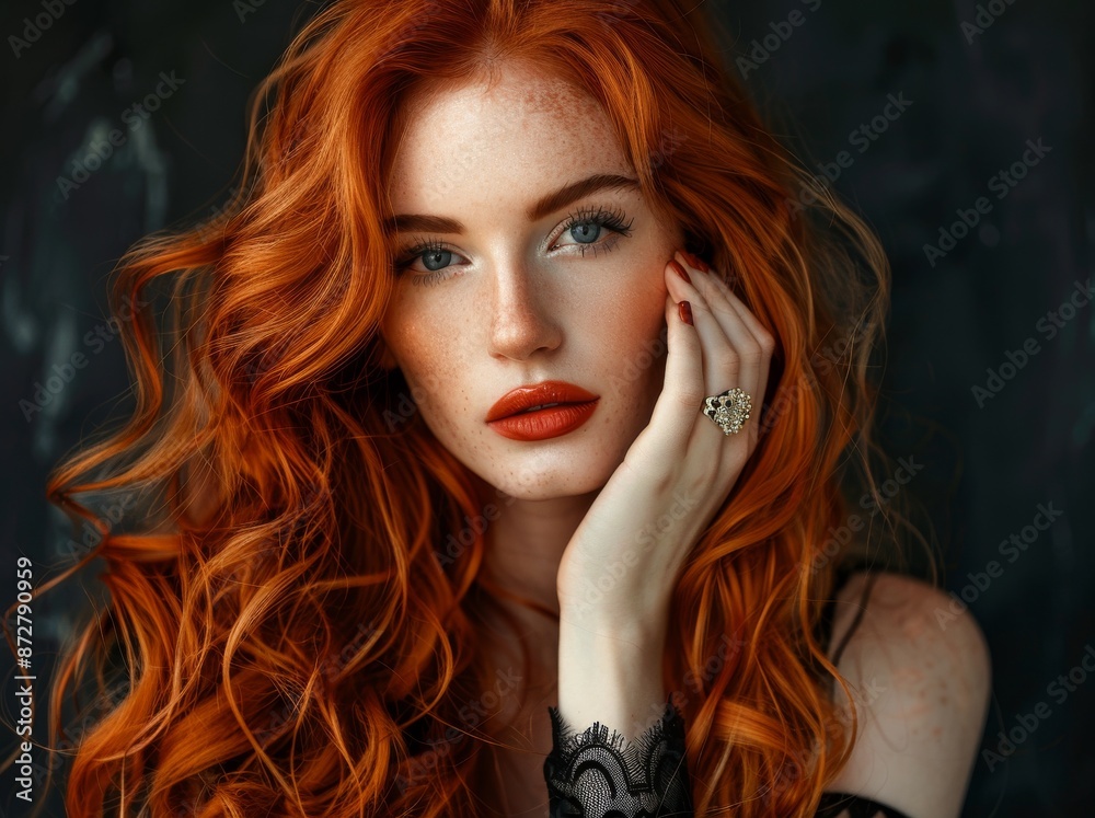 Fototapeta premium Beautiful woman with long red hair and freckles in an elegant pose