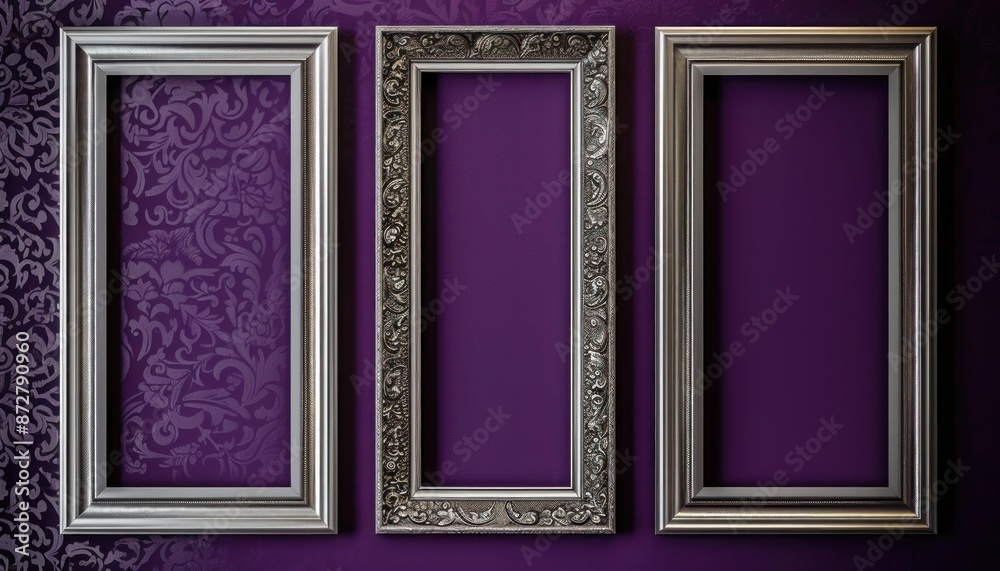 Elegant gallery mockup with silver frames on a rich purple wall background. Elegant gallery mockup with silver frames on a rich purple wall background.
