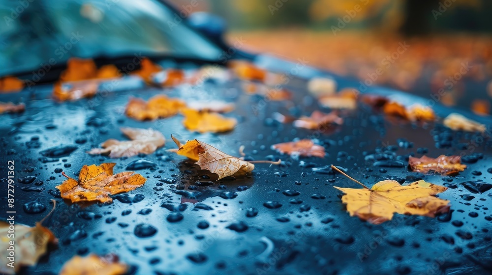Autumn leaves rest on wet car bonnet in focus Autumn leaves rest on wet car bonnet in focus