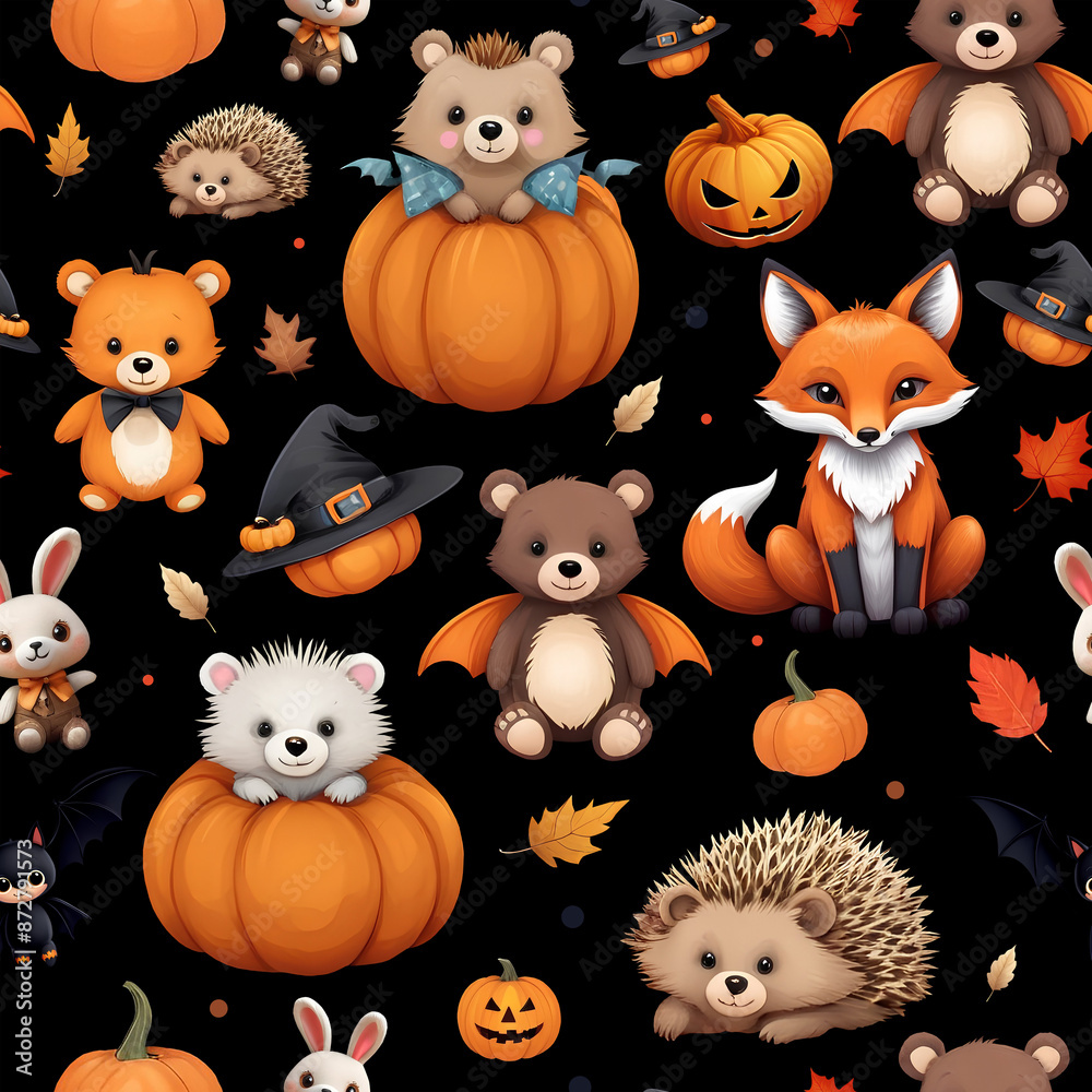 Naklejka premium Halloween cute pattern - pumpkin, fox, bear, rabbit on a black background. Animal toys clipart for decoration, banner, cover, packaging, textiles, wallpaper.