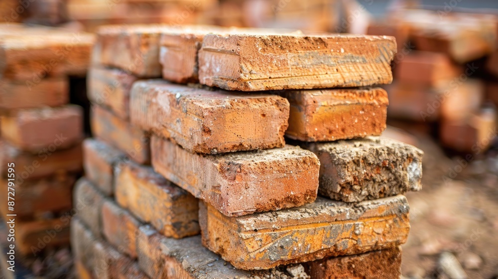 Stack of bricks at construction site for building walls with space for text Stack of bricks at construction site for building walls with space for text