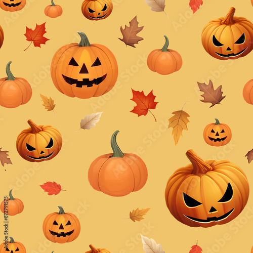 Halloween party pattern - pumpkin, red leaf on a yellow background. Clipart elements for banner, cover, packaging, textiles, wallpaper and decor.