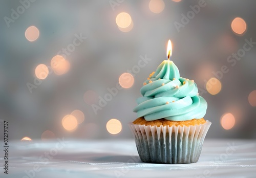 Teal Birthday Cupcake With Candle & Lights