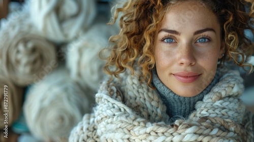 A woman with curly hair, adorned in a warm knitted scarf and sweater, smiling softly while surrounded by bundles of wool, exuding warmth and comfort in a cozy atmosphere.