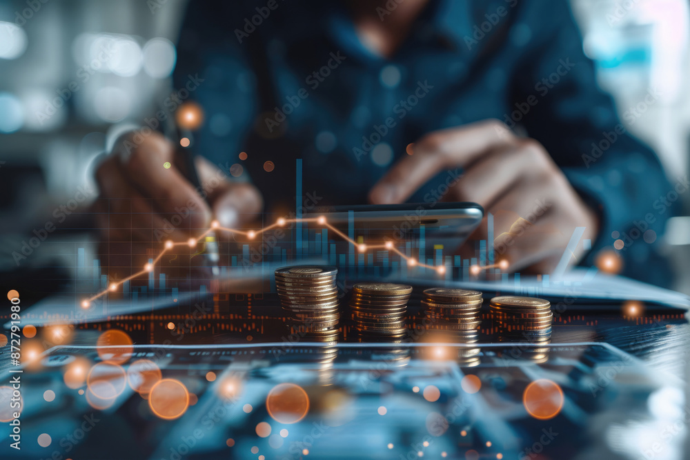 A pile of gold coins and an upward arrow on the table A pile of gold coins and an upward arrow on the table