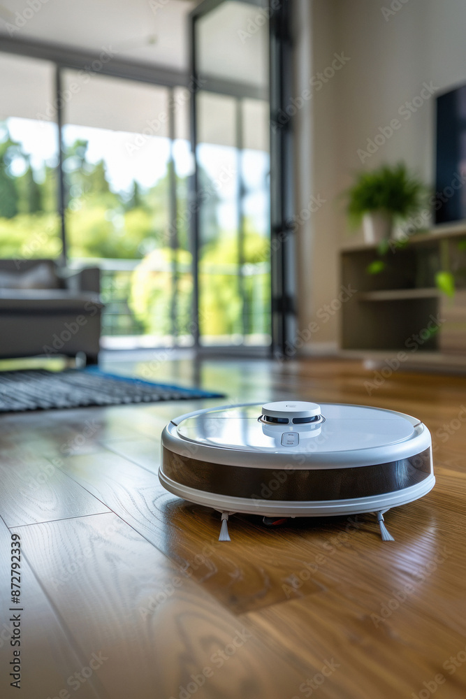 Robotic vacuum cleaner on wood floor, smart cleaning technology