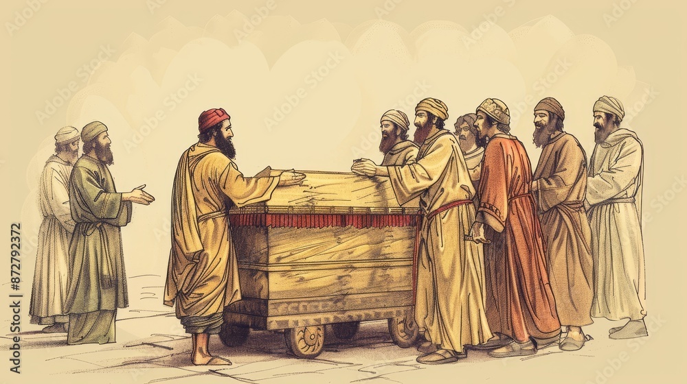 Naklejka premium 1 Chronicles,The Ark Brought to Jerusalem,Biblical Illustration of The Ark Brought to Jerusalem, with Tragedy of Uzzah's Death, Beige Background, Copyspace