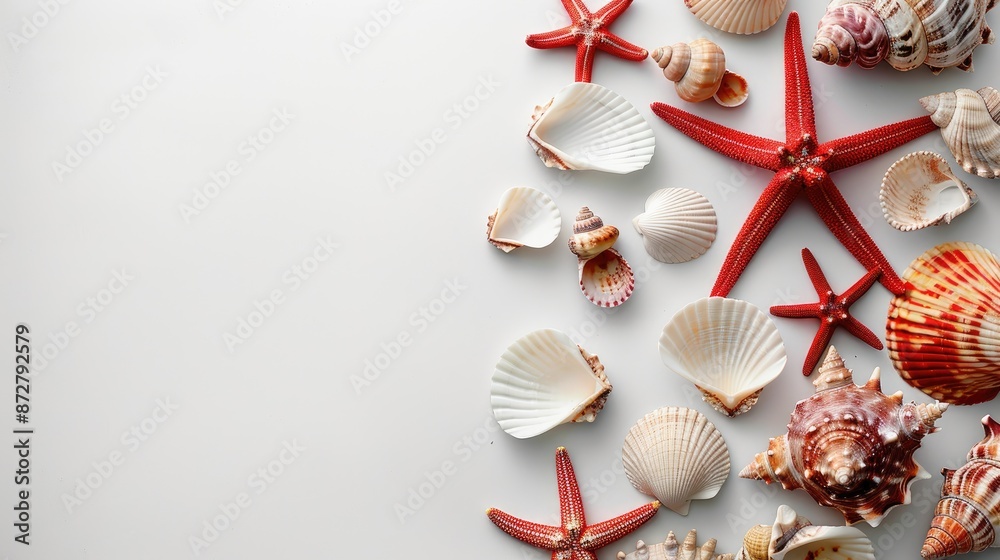 Obraz premium Colorful seashells and red starfish arranged on white background top view summer sea collection